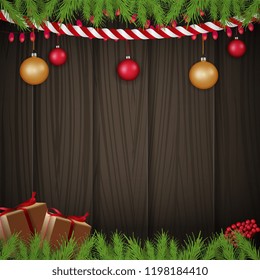 Christmas background. Wood texture with Christmas décor