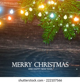 Christmas background with wood texture, fur-tree branch, snow & lights. Vector illustration
