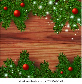 Christmas background with wood texture. Vector illustration