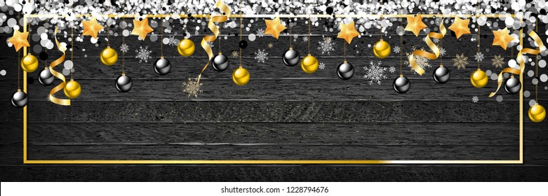 Christmas background with wooden decorations and spot lights. Free space for text. Celebration and decorative design. Vector illustration