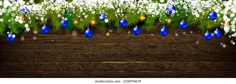 Christmas background with wooden decorations and spot lights. Free space for text. Celebration and decorative design. Vector illustration