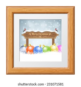 Christmas background with Wooden Plaque, Bullfinches and Bauble in Wooden Frame. Vector Template for Cover, Flyer, Brochure.