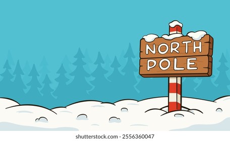 Christmas background with a wooden sign. Cartoon illustration
