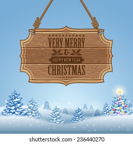 Christmas background with Wooden Sign and Fir Tree. Vector Template for Cover, Flyer, Brochure, Greeting Card.