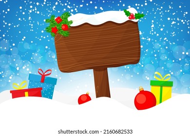 Christmas background wooden sign in snow standing around gift boxes. Vector illustration flat.