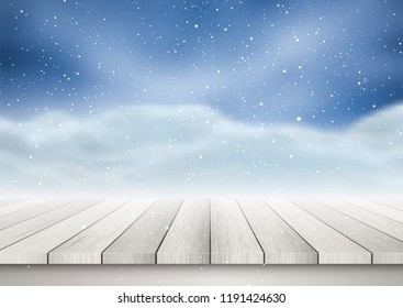 Christmas background of a wooden table looking out to a snowy landscape