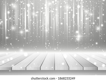 Fondo de Navidad con mesa de madera con vistas a un diseño brillante de plata