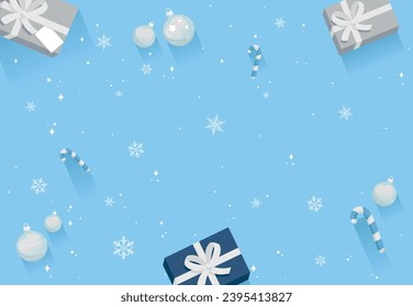 Christmas background with wrapped gift boxes, adorned with ribbons and bows, Christmas tree ornaments, striped candy canes and white snowflakes for decorate greeting cards on blue background