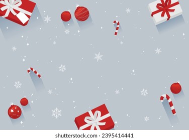 Fondo de Navidad con cajas de regalo envueltas, adornadas con cintas y arcos, ornamentos de árboles de Navidad, bastones de caramelo a rayas y copos de nieve blancos para decorar tarjetas de felicitación con fondo de plata