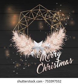 Christmas Background with Christmas Wreath of Cutout Shining Gold Stars. Vector illustration