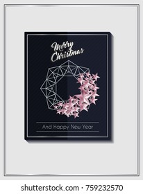 Christmas Background with Christmas Wreath of Cutout Shining Gold Stars. Vector illustration