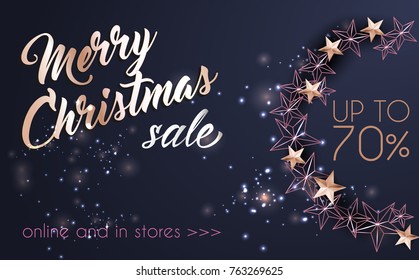 Christmas Background with Christmas Wreath of Cutout Shining Gold Stars. Vector illustration