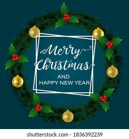 Christmas Background With Wreath And Holly Berries. Vector Illustration.
