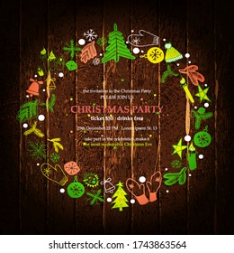 Christmas background. Christmas wreath with New Year decorations on a wooden background. Copy space for text. Vector illustration