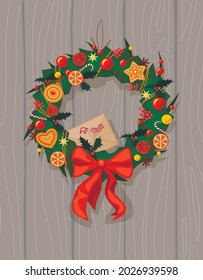 Christmas background - wreath on the door with decorations and a letter to Santa. Christmas Eve, Christmas mood, holidays.  Merry Christmas, Happi New year. Vector flat illustration, flat cartoon styl