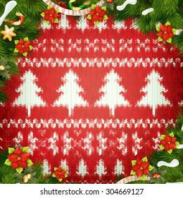 Christmas background. Christmas wreath on red. EPS 10 vector file included