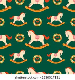 Christmas background with wreath and wooden horse