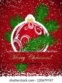 Christmas background. Wticker ball and tree branch inserted into a slot on the paper card. Vector illustration.