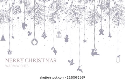 Christmas Background with Xmas Balls, Snowflakes, Garland and Tree Branch. Merry Christmas Holiday Background with Winter Elements. Xmas Composition, Happy New Year Greeting Card Design. Not AI
