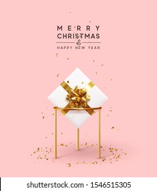 Christmas background. Xmas composition realistic 3d and realistic design, gift box, falling glitter gold confetti. Happy New year minimal design. vector illustration