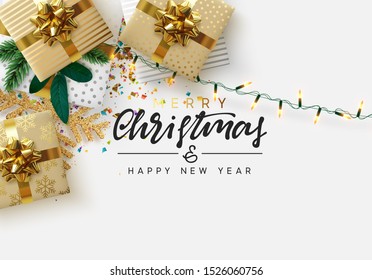Christmas background. Xmas decoration design, gift box, glitter snowflake, gold light garland, decorative snowflake, realistic confetti, pine branches. Flat lay, top view. holiday template Christmas background. Xmas decoration design, gift box, glitter snowflake, gold light garland, decorative snowflake, realistic confetti, pine branches. Flat lay, top view. holiday template