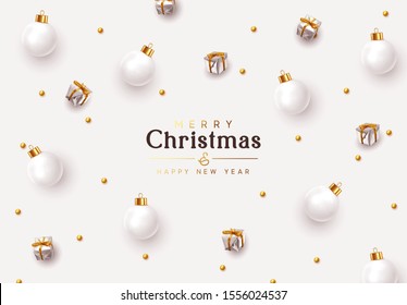 Antecedentes de Navidad. Diseño de Navidad adornos decorativos, bolas de baudible blanco, cajas de regalo de plata, cuentas redondas de oro. El patrón de Año Nuevo de objetos decorativos realistas. Composición de la luz festiva