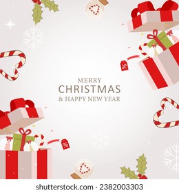 Christmas Background. Xmas design of gift box open full of decoration with ornament. Happy New Year poster, greeting card, banner