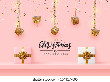 Christmas background. Xmas design hanging from light garland with realistic gift boxes strewn with golden confetti. Handmade calligraphic lettering text Merry Christmas and Happy New Year.