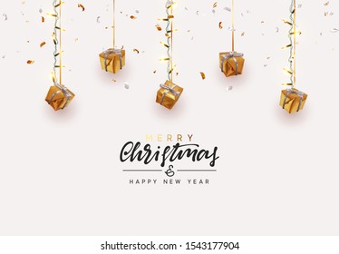 Christmas background. Xmas design hanging from light garland with realistic gift boxes strewn with golden confetti. Handmade calligraphic lettering text Merry Christmas and Happy New Year.