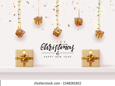Christmas background. Xmas design hanging from light garland with realistic gift boxes strewn with golden confetti. Handmade calligraphic lettering text Merry Christmas and Happy New Year.