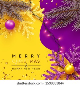 Christmas Background. Xmas design of sparkling realistic lights garland, yellow snowflake and glitter gold confetti, ball bauble. Horizontal christmas poster, greeting cards, headers for website