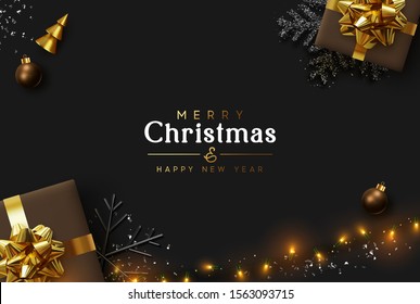 Christmas Background. Xmas design of sparkling lights garland, realistic brown gifts box, black snowflake and glitter silver confetti. New year poster, greeting cards, banner. Stylish dark composition