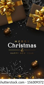 Christmas Background. Xmas design of sparkling lights garland, realistic brown gifts box, black snowflake and glitter silver confetti. New year poster, greeting cards, banner. Stylish dark composition