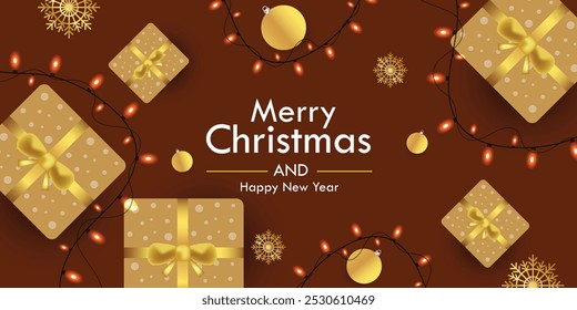 Christmas Background. Xmas design of sparkling lights garland, with realistic gifts box and Christmas ball