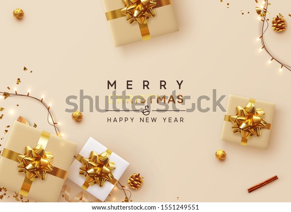 クリスマスの背景 キラキラ輝く光るガーランドのクリスマスデザイン リアルなギフトボックス 輝く金紙吹雪 新年のポスター グリーティングカード バナー フラットな平面図をデザインします ホリデー作文 のベクター画像素材 ロイヤリティフリー