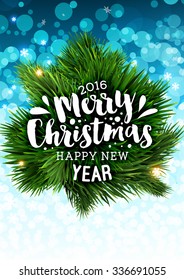 Christmas background with Xmas Label and Christmas Tree. Blue Bokeh Background. Christmas Lights and Snowflakes.