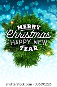 Christmas background with Xmas Label and Christmas Tree. Blue Bokeh Background. Christmas Lights and Snowflakes.