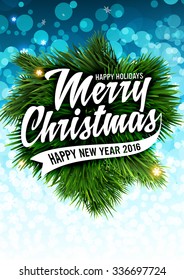 Christmas background with Xmas Label and Christmas Tree. Blue Bokeh Background. Christmas Lights and Snowflakes.