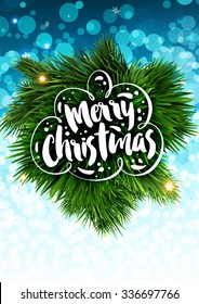 Christmas background with Xmas Label and Christmas Tree. Blue Bokeh Background. Christmas Lights and Snowflakes.
