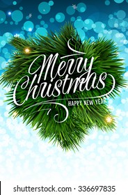 Christmas background with Xmas Label and Christmas Tree. Blue Bokeh Background. Christmas Lights and Snowflakes.