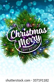 Christmas background with Xmas Label and Christmas Tree. Blue Bokeh Background. Christmas Lights and Snowflakes.