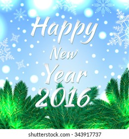 Christmas Background With Xmas Label And Christmas Tree. Celebrating Christmas, New Year, National Holidays Concept. Christmas Lights and Snowflakes. Vector Illustration.