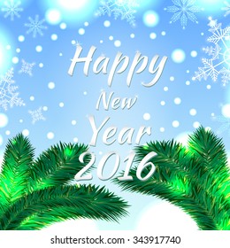 Christmas Background With Xmas Label And Christmas Tree. Celebrating Christmas, New Year, National Holidays Concept. Christmas Lights and Snowflakes. Vector Illustration.