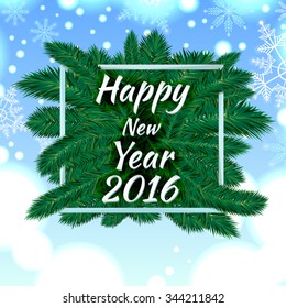Christmas Background With Xmas Label And Christmas Tree. Celebrating Christmas, New Year, National Holidays Concept. Christmas Lights and Snowflakes. Vector Illustration.
