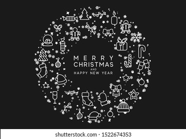 Christmas background with Xmas objects, linear style design elements. vector illustration