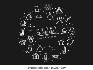Christmas background with Xmas objects, linear style design elements. vector illustration