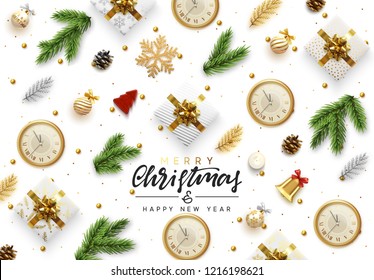 Christmas background. Xmas objects viewed from above. Text Merry Christmas and happy New Year. Greeting card, banner, web poster. Festive realistic 3d render objects. Vector illustration