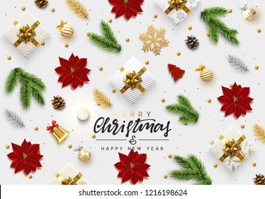 Christmas background. Xmas objects viewed from above. Text Merry Christmas and happy New Year. Greeting card, banner, web poster