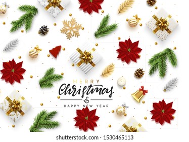 Christmas Background. Xmas objects viewed from above. Text Merry Christmas and happy New Year. Festive realistic decorative design elements. Horizontal poster, website header, flat top view.