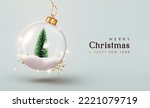 Christmas background. Xmas ornaments Glass ball with snow inside. Christmas tree decorations transparent ball hanging on golden ribbon, gold glitter confetti. Realistic 3d design. vector illustration